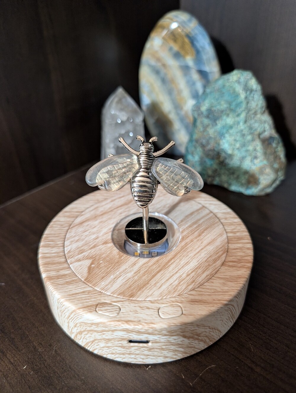 Clear Quartz Crystal Bee Carving on Silver Stand